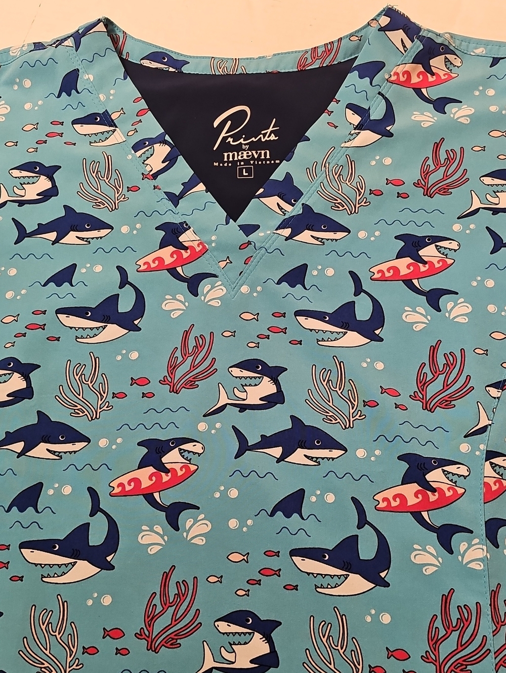 maevn Prints Women's Shark-Print Scrubs Tunic Top Size Large